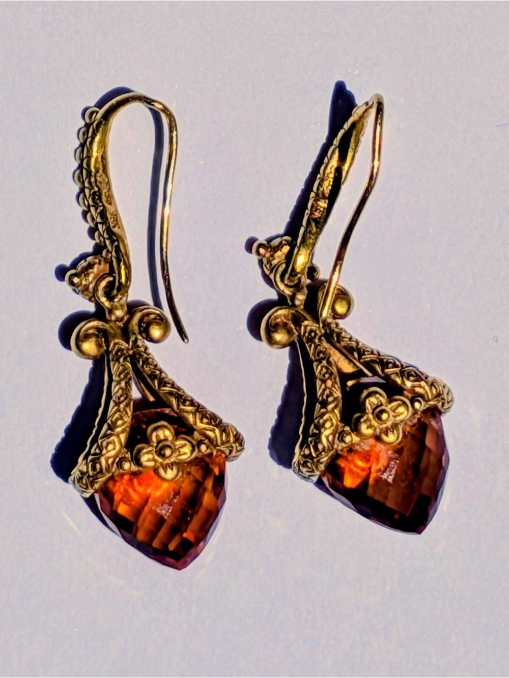 18K Gold Amber Crystal Drop Earrings with Clear Accent Rhinestones - Picture 2 of 2